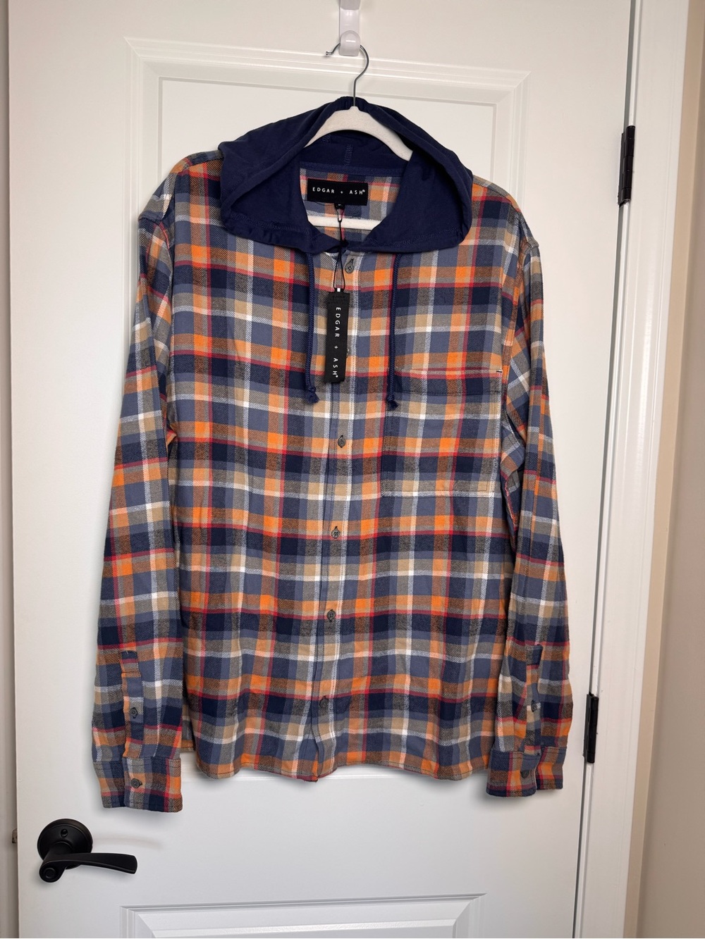 Edgar + Ash Men's Navy & Orange Plaid Hooded Flannel Shirt 100% Cotton